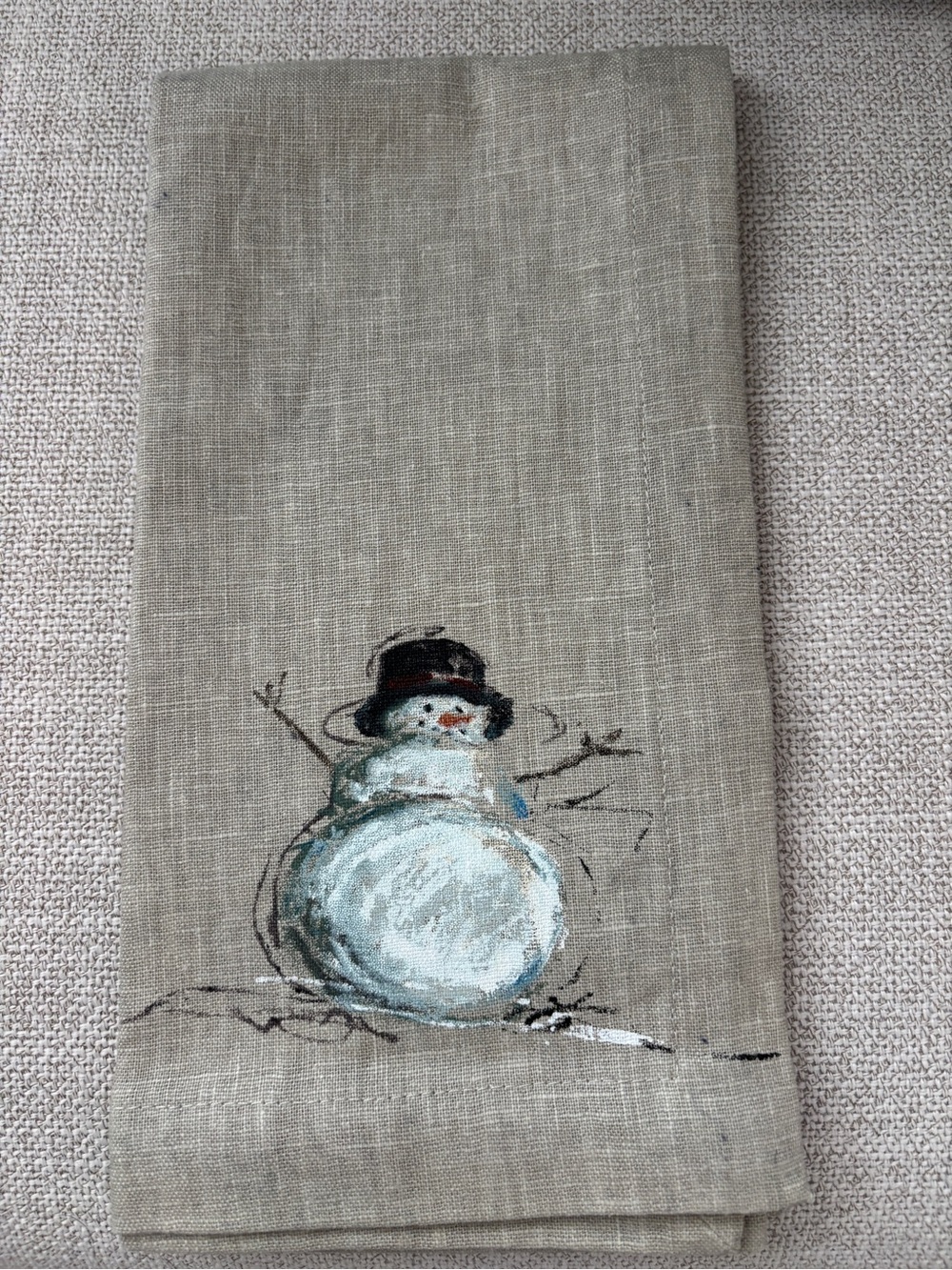 Pottery Barn Neutral Linen Napkin 
 with beautiful Hand painted Snowman Motif